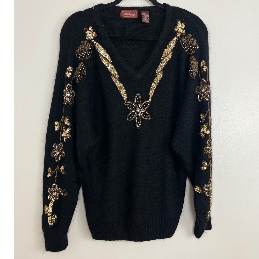 Vintage 90s Sequin Beaded Sweater Large Black Silk Angora Gold Whimsygoth